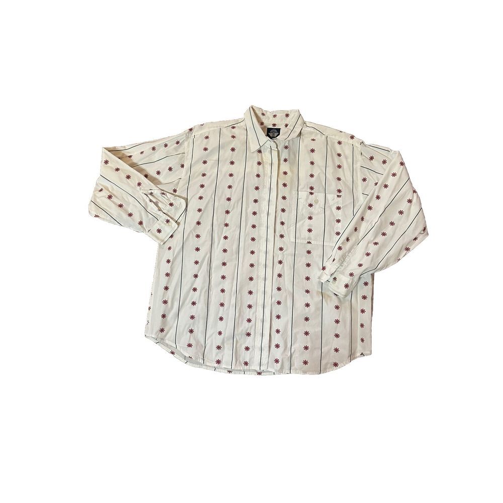 Vintage Dockers Womens Large Red Stars Stripe‎ Long Sleeve Shirt White Boyfriend